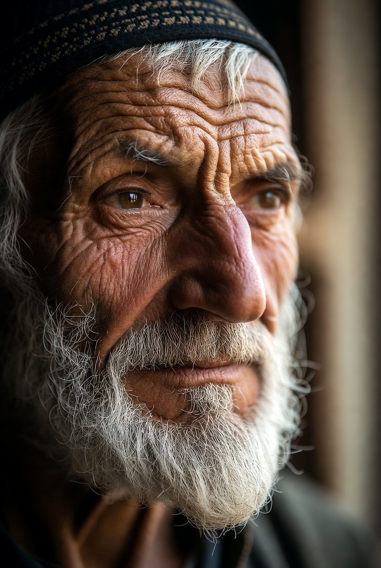 老工匠的精致特写人像。焦点在于人物面部细节和眼神。