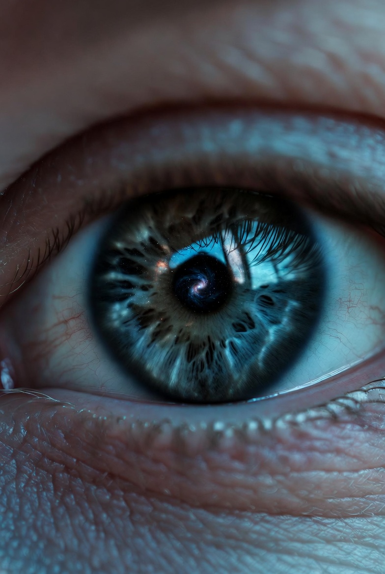 蓝色眼睛的大特写。瞳孔中反射出星系，虹膜纹理清晰可见。