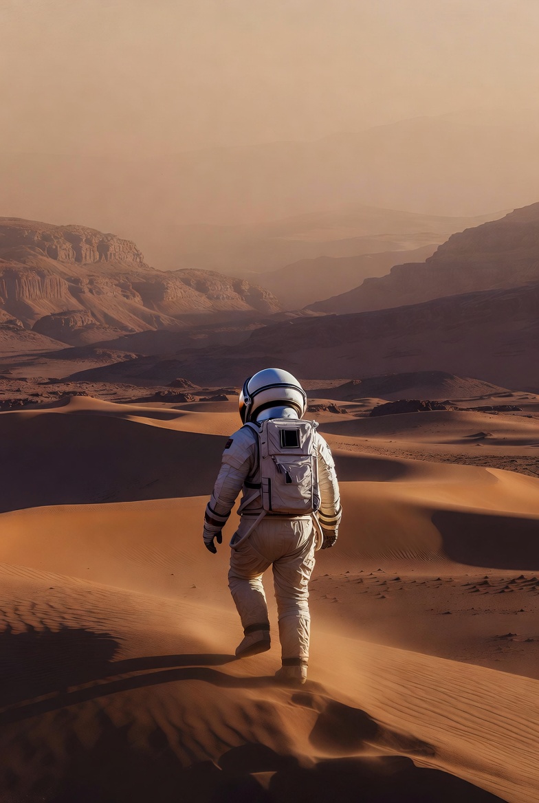 孤独宇航员行走在火星沙丘的全景。人物全身可见，背景是宏大的外星地貌。