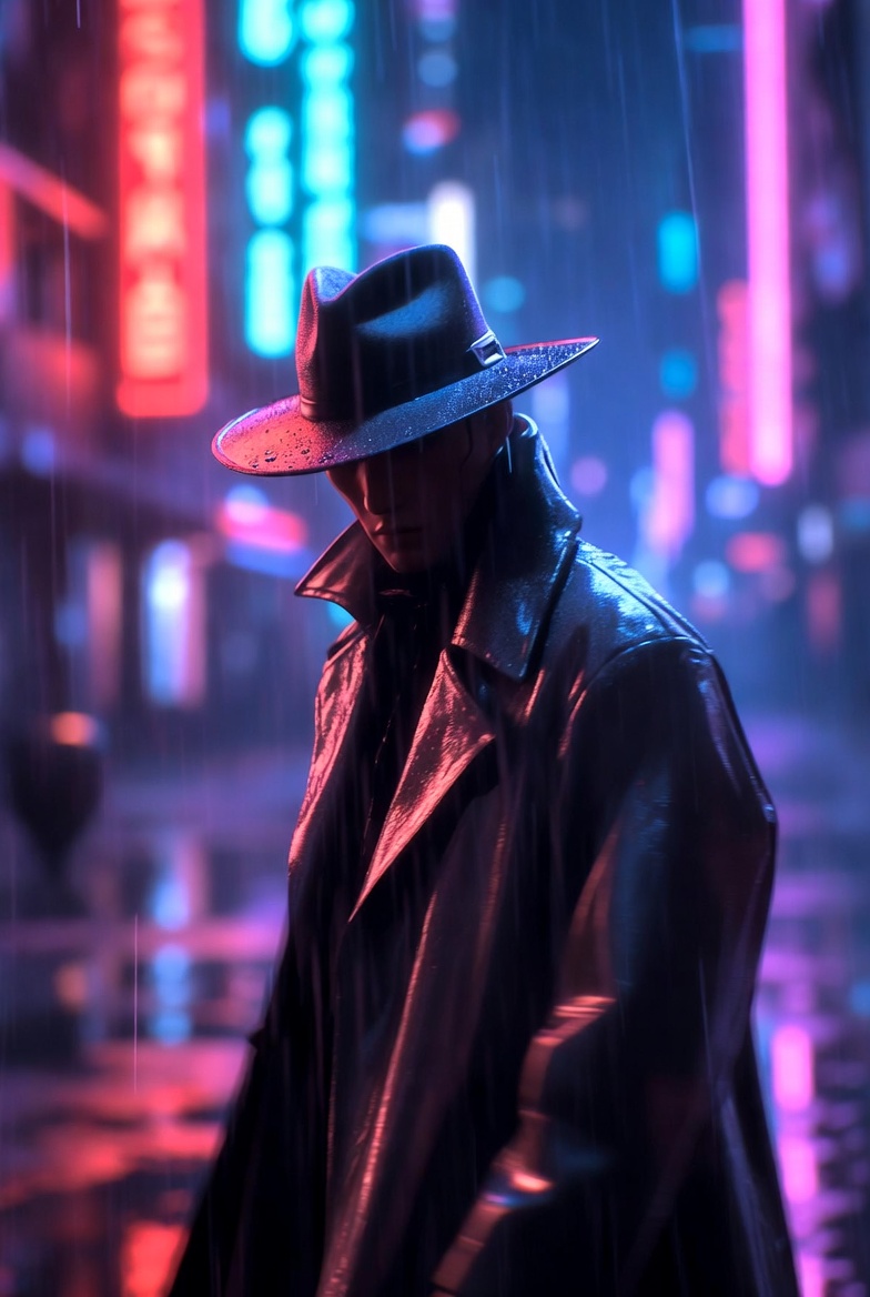 赛博朋克侦探的中景画面。展示人物腰部以上，背景是霓虹灯和雨夜。